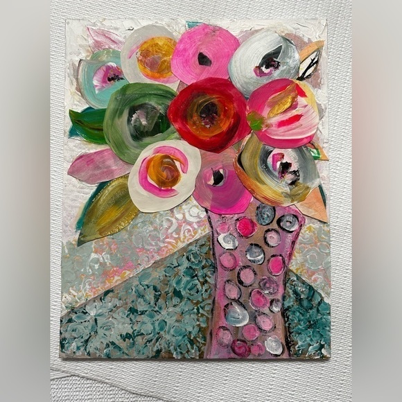 Original Art Painting Mixed Media Acrylic Collage on Canvas Board Pink Floral - Picture 7 of 8